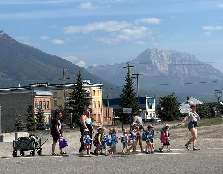 Wild Wapiti educators on a field trip. Mt Hosmer in the background